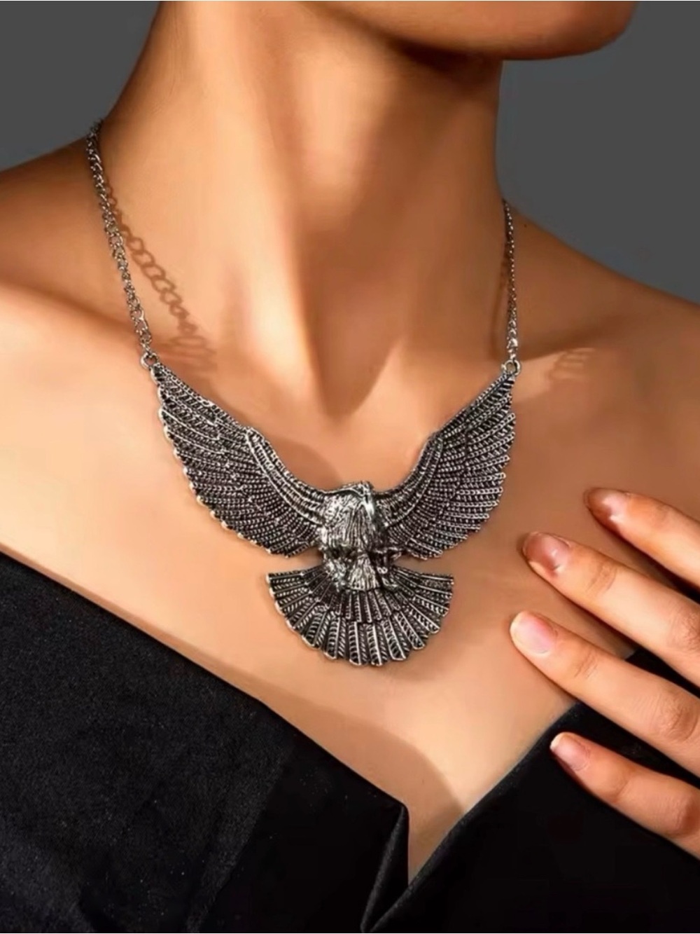 Silver Eagle Wing Pendant Necklace - Statement Feather Design
